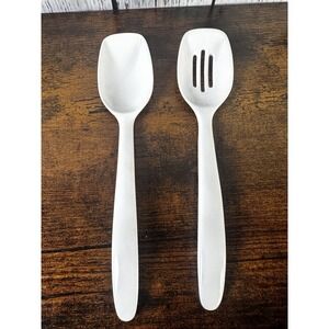 2 Hutzler Melamine White Utensils Slotted Spoon & Solid Spoon Thailand Vintage